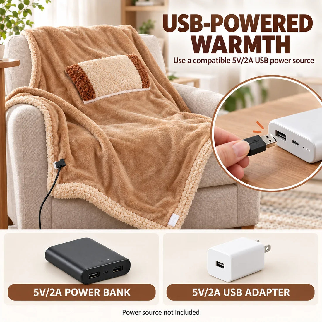 USB Heated Throw Blanket – Power Bank Powered (Blackout Warmth)